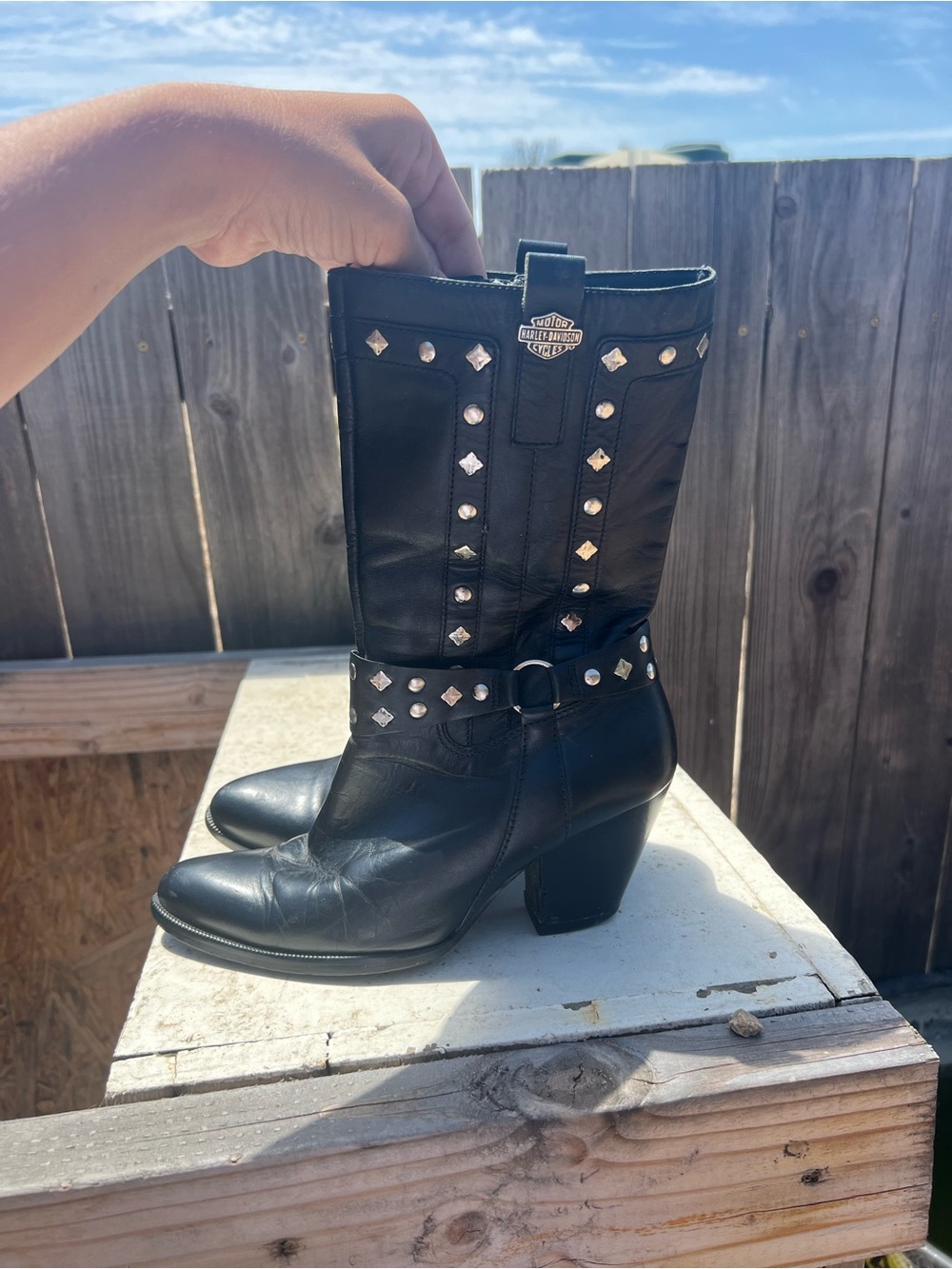 Harley Davidson Western Biker Studded Leather Strut Boots Womens 7.5 Black Silve